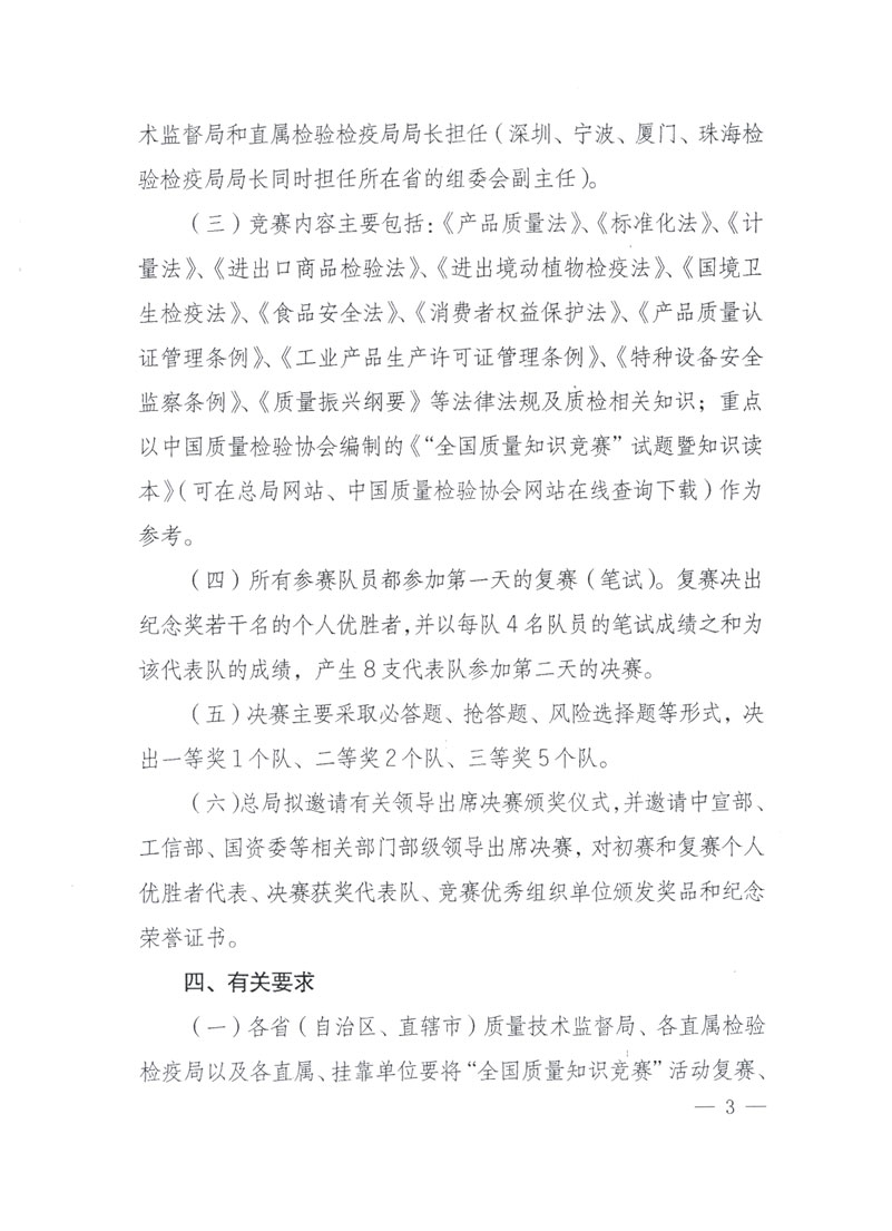 國(guó)家質(zhì)檢總局關(guān)于做好參加&ldquo;全國(guó)質(zhì)量知識(shí)競(jìng)賽&rdquo;活動(dòng)復(fù)賽決賽工作的通知