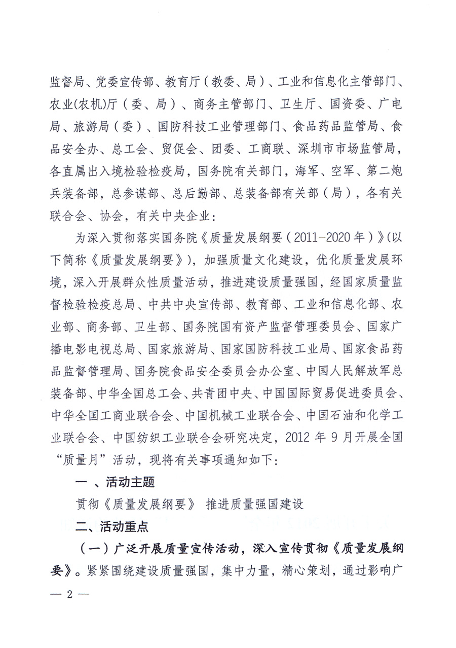 關于開展2012年全國&ldquo;質(zhì)量月&rdquo;活動的通知